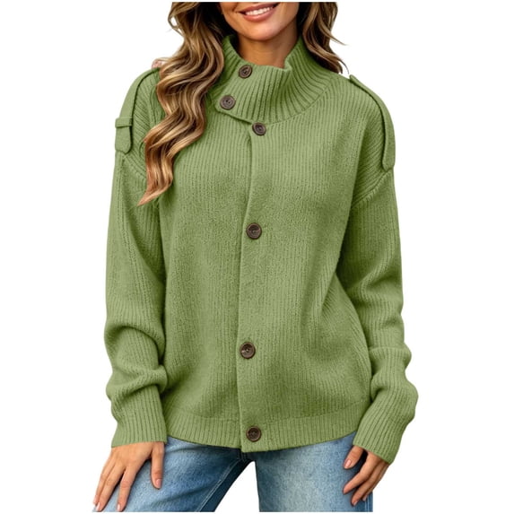 Rrxhxhs Cardigan Sweaters for Women Solid Color Funnel Neck Button Front Long Sleeve Warm Casual Knit Cover Up