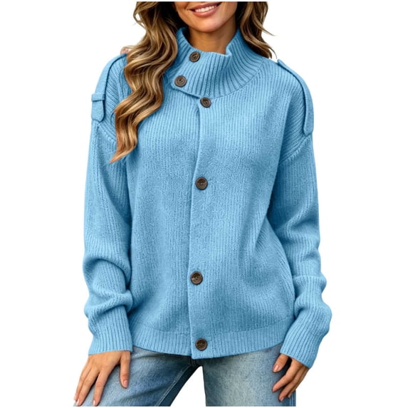 Rrxhxhs Cardigan Sweaters for Women Solid Color Funnel Neck Button Front Long Sleeve Warm Casual Knit Cover Up
