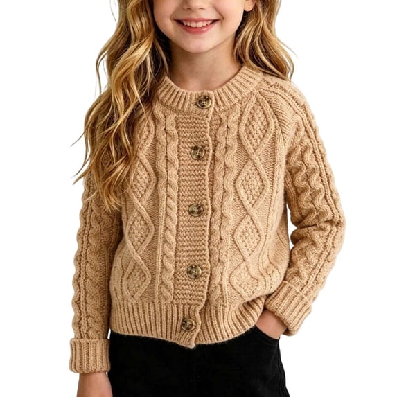Rrxhxhs Cardigan for Girls Crew Neck Cable Knit Button Front Long Sleeve Warm Casual Cover Up