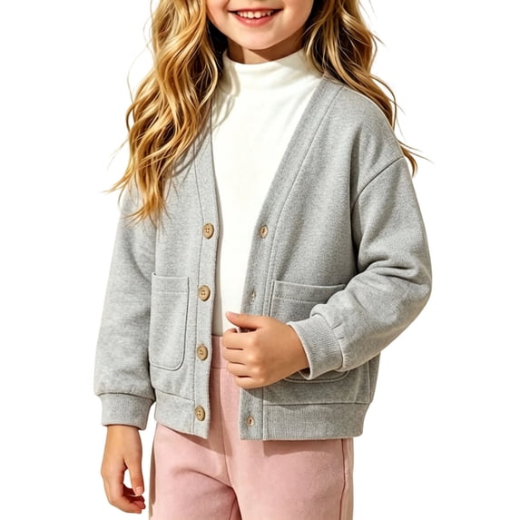 Rrxhxhs Cardigan for Girls Solid Color V-Neck Button Front Long Sleeve Loose Casual Sweater Cover Up with Pockets