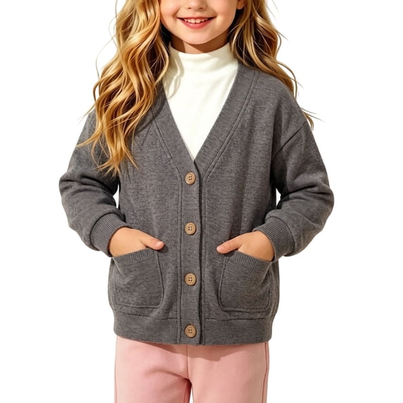 Rrxhxhs Cardigan for Girls Solid Color V-Neck Button Front Long Sleeve Loose Casual Sweater Cover Up with Pockets