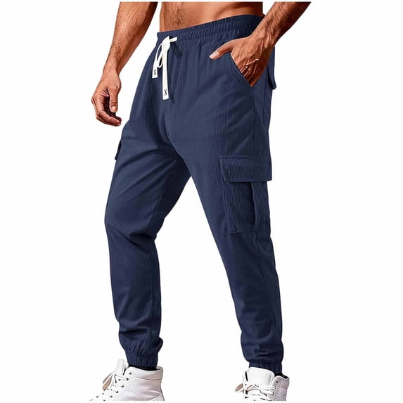 Rrxhxhs Cargo Pants for Men Solid Color Corduroy Drawstring Elastic Waist Loose Casual Joggers with Multi Pockets,L