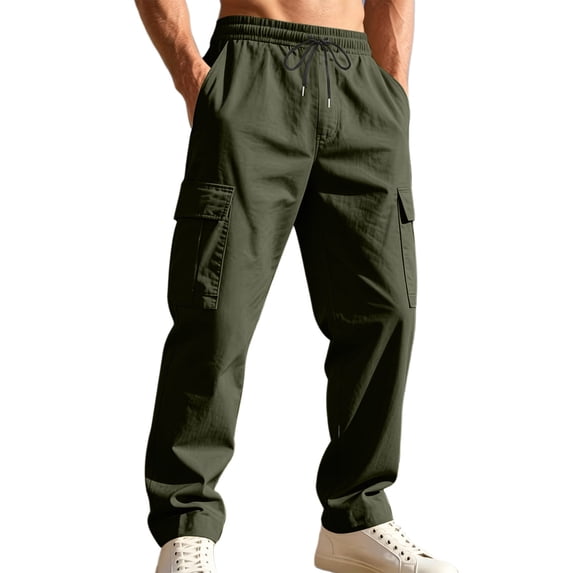 Rrxhxhs Cargo Pants for Men Solid Color Drawstring Elastic Waist Loose Casual Outdoor Straight Leg Trousers with Multi Pockets,L