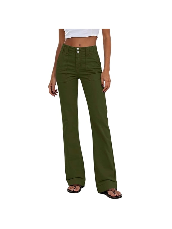 Cargo Pants for Women Fashion Solid Color Double Button High Waist Slim Bootcut Flare Pants with Front Patch Pockets,L