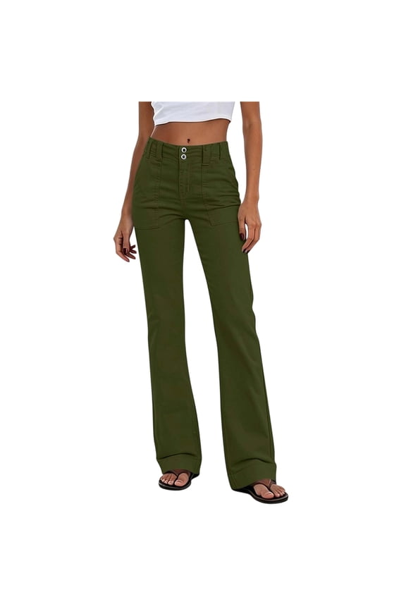 Cargo Pants for Women Fashion Solid Color Double Button High Waist Slim Bootcut Flare Pants with Front Patch Pockets,L