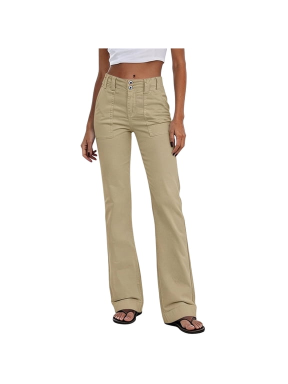 Cargo Pants for Women Fashion Solid Color Double Button High Waist Slim Bootcut Flare Pants with Front Patch Pockets,M