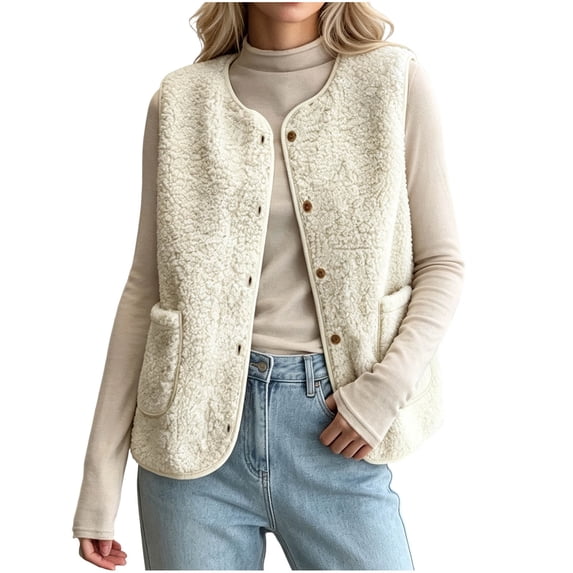 Rrxhxhs Fleece Vest for Women Solid Color Round Neck Button Front Warm Casual Sleeveless Fuzzy Jacket with Side Pockets,Beige,L