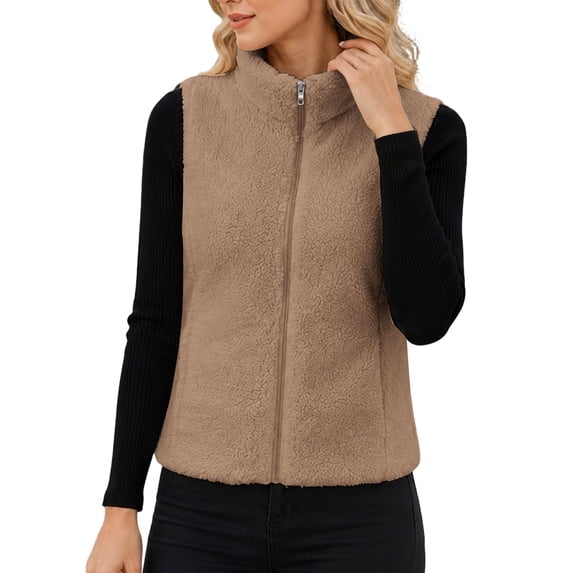 Rrxhxhs Fleece Vest for Women Solid Color Stand Collar Zip Up Double-Sided Warm Casual Sleeveless Fuzzy Jacket,Brown,L