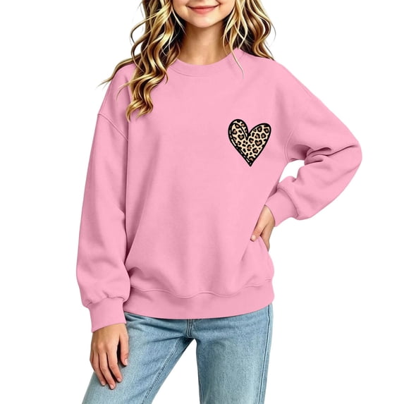 Rrxhxhs Girls Sweatshirt Leopard Heart Print Crew Neck Long Sleeve Loose Casual Pullover Top