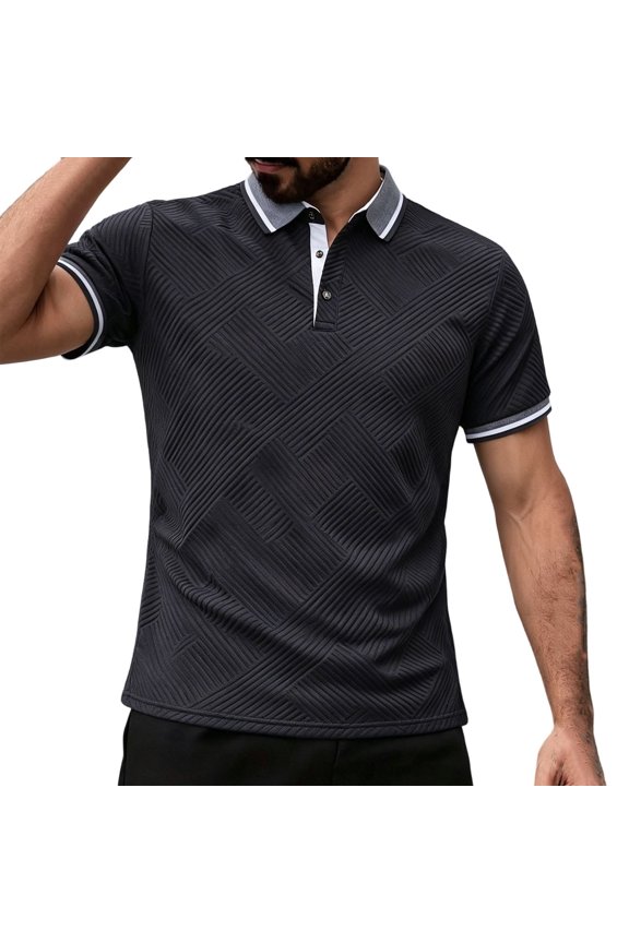 Golf Shirts for Men Geometric Textured Jacquard Contrast Trim Collared 3-Button Short Sleeve Breathable Casual Tops,3XL