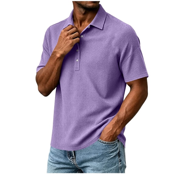 Rrxhxhs Golf Shirts for Men Waffle Grid Textured Collared 5-Button Short Sleeve Breathable Casual Tops,2XL