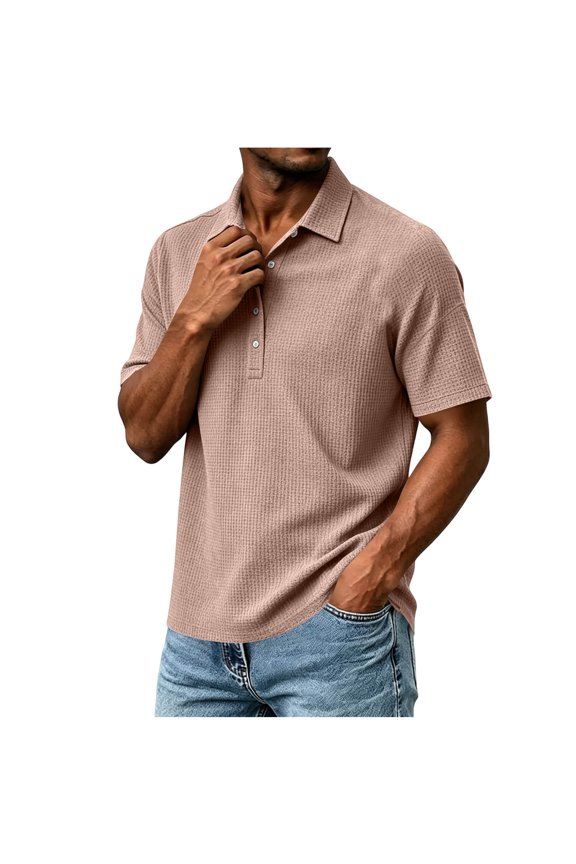 Golf Shirts for Men Waffle Grid Textured Collared 5-Button Short Sleeve Breathable Casual Tops,L