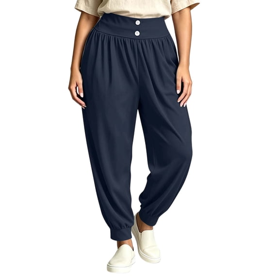 Rrxhxhs Harem Pants for Women Plus Size Solid Color High Waist Double Button Loose Casual Joggers with Pockets
