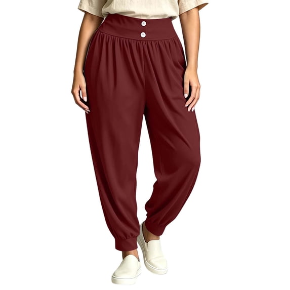 Rrxhxhs Harem Pants for Women Plus Size Solid Color High Waist Double Button Loose Casual Joggers with Pockets