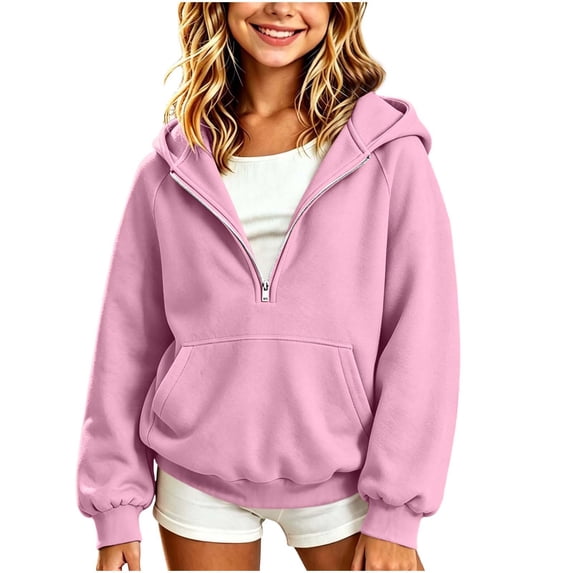 Rrxhxhs Hoodies for Girls Solid Color Half Zip Long Sleeve Oversized Casual Hooded Sweatshirt with Kangaroo Pocket,Pink,3-4 Years
