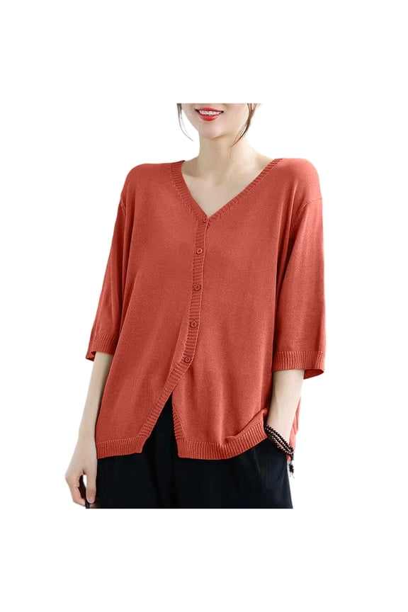 Lightweight Cardigans for Women Solid Color Plus Size Loose Versatile Elbow-Length V Neck Button Knit Thin Sun Protection Layering Sweater Cover Up,3XL