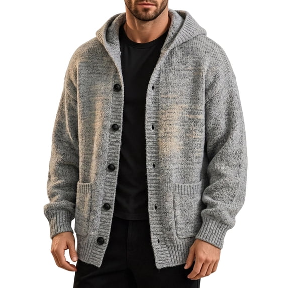 Rrxhxhs Mens Cardigan Solid Color Button Front Long Sleeve Loose Casual Hooded Knitted Sweater Cover Up with Pockets