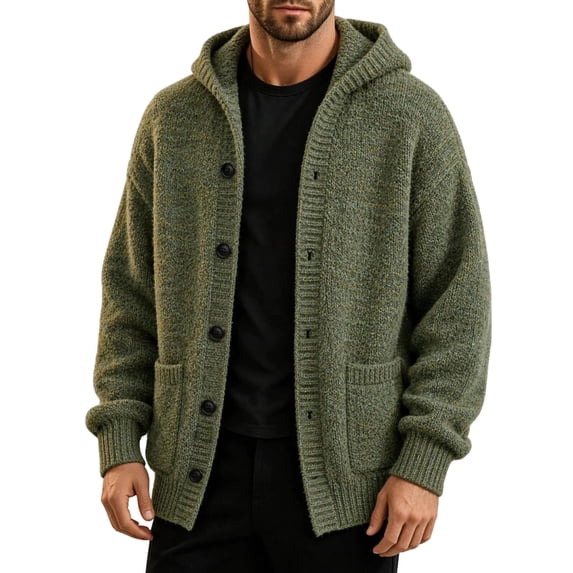 Rrxhxhs Mens Cardigan Solid Color Button Front Long Sleeve Loose Casual Hooded Knitted Sweater Cover Up with Pockets