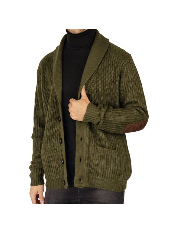 Mens Cardigan Solid Color Shawl Collar Button Front Long Sleeve Elbow Patch Loose Casual Sweater Cover Up with Pockets