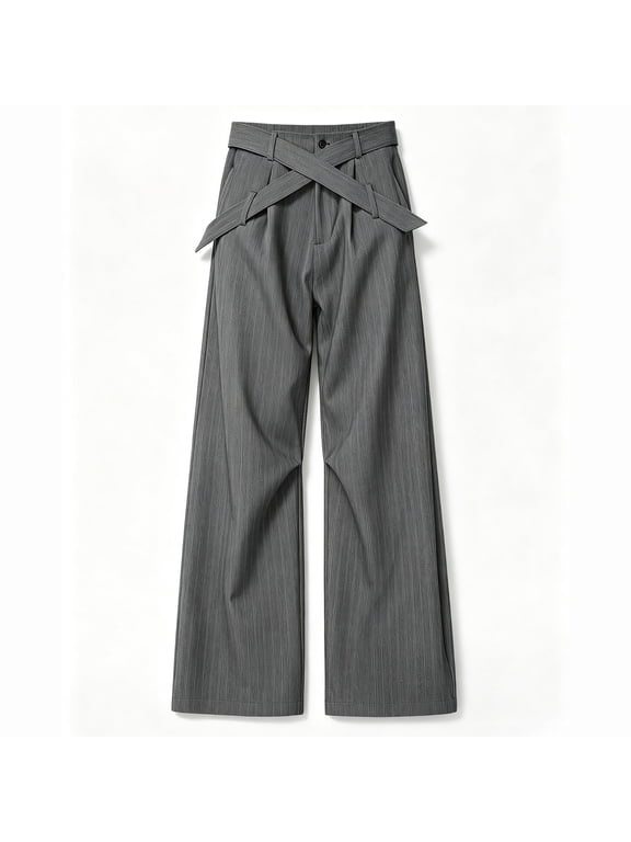 Mens Dress Pants Fashion Striped Cross Wrap Waist Pleated Business Casual Wide Leg Trousers with Pockets