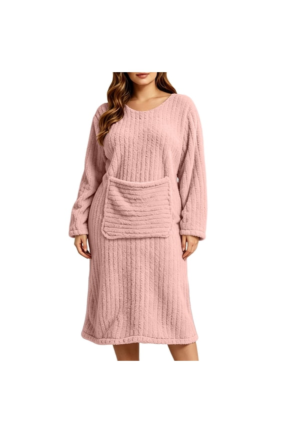 Nightgowns for Women Winter Long Sleeve Crew Neck Vertical Rib Fluffy Fleece Loose Midi Cozy Warm Sleep Dress,XL