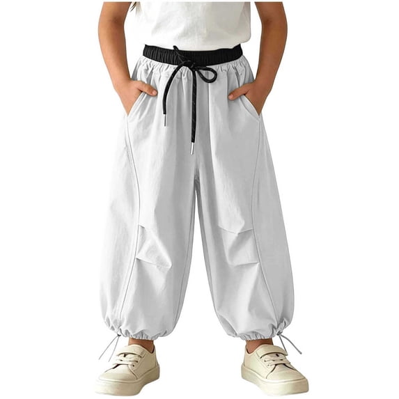 Rrxhxhs Pants for Girls Color Block Drawstring Elastic Waist Pleated Loose Baggy Casual Joggers with Side Pockets,Beige,2-3 Years