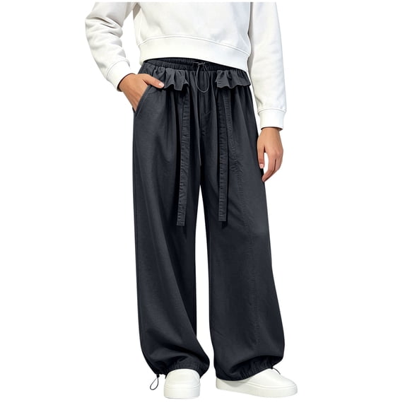 Rrxhxhs Pants for Girls Ruffle Drawstring Elastic Waist Loose Flowy Versatile Casual Joggers with Side Pockets,Black,9-10 Years