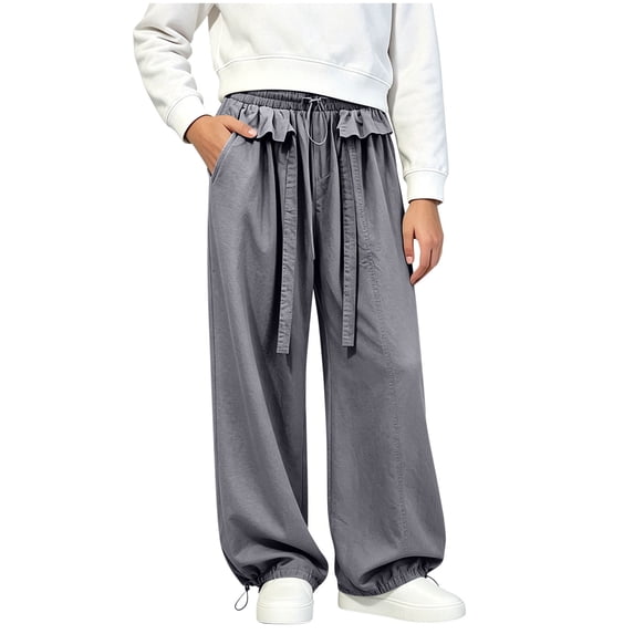 Rrxhxhs Pants for Girls Ruffle Drawstring Elastic Waist Loose Flowy Versatile Casual Joggers with Side Pockets,Gray,13-14 Years