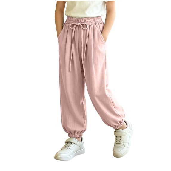Rrxhxhs Pants for Girls Solid Color Drawstring Elastic Waist Lightweight Casual Joggers with Side Pockets,Pink,11-12 Years