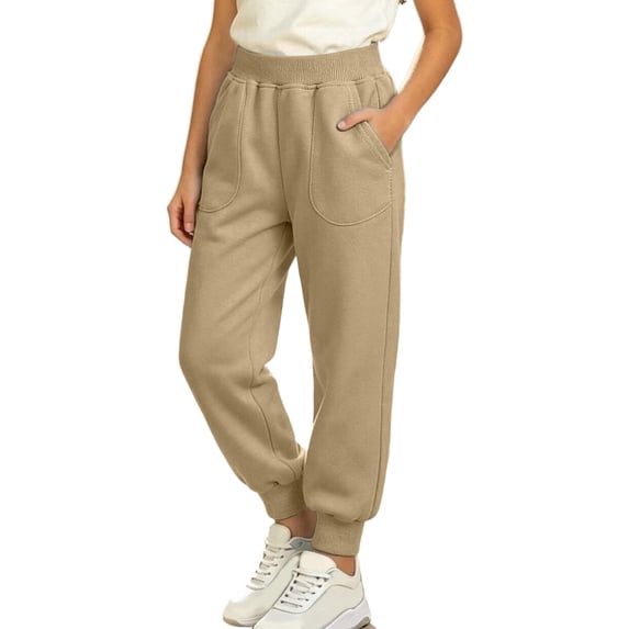 Rrxhxhs Pants for Girls Solid Color Elastic Waist Loose Fleece Casual Athletic Joggers with Patch Pockets,Khaki,10-11 Years