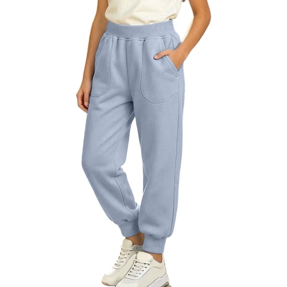 Rrxhxhs Pants for Girls Solid Color Elastic Waist Loose Fleece Casual Athletic Joggers with Patch Pockets,Light Blue,10-11 Years