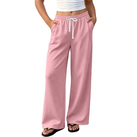 Rrxhxhs Pants for Girls Winter Solid Color Drawstring High Waist Loose Casual Wide Leg Trousers with Side Pockets,Pink,7-8 Years