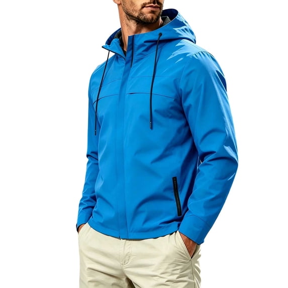 Rrxhxhs Raincoat for Men Solid Color Long Sleeve Elastic Cuffs Thin Casual Drawstring Hooded Windbreaker Jacket with Zipper Pockets,Blue,M