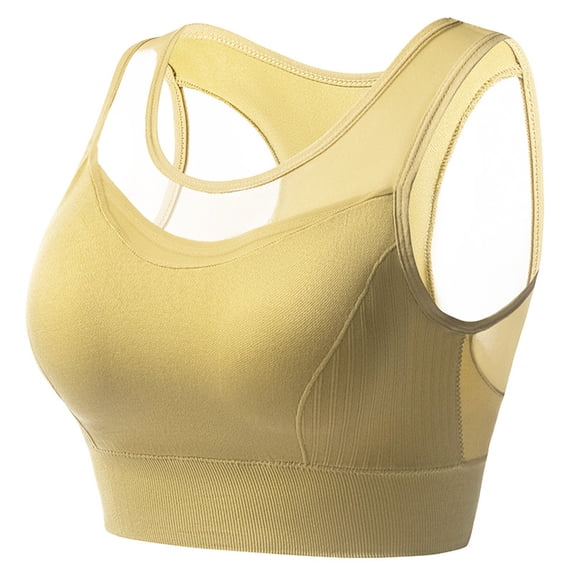 Rrxhxhs Sports Bras for Women Solid Color Mesh Panel Racerback Wide Straps Shockproof Drying Yoga Running Fitness Bra,Yellow,M