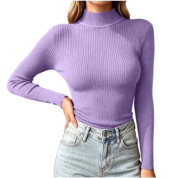 Rrxhxhs Sweaters for Women Fall Winter Solid Color Mock Neck Ribbed Knit Long Sleeve Slim Fit Basic Knitted Pullover Tops,Purple,Free Size