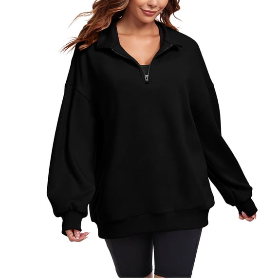 Rrxhxhs Sweatshirt for Women Solid Color Quarter Zip Mock Neck Long Sleeve Loose Casual Pullover Top