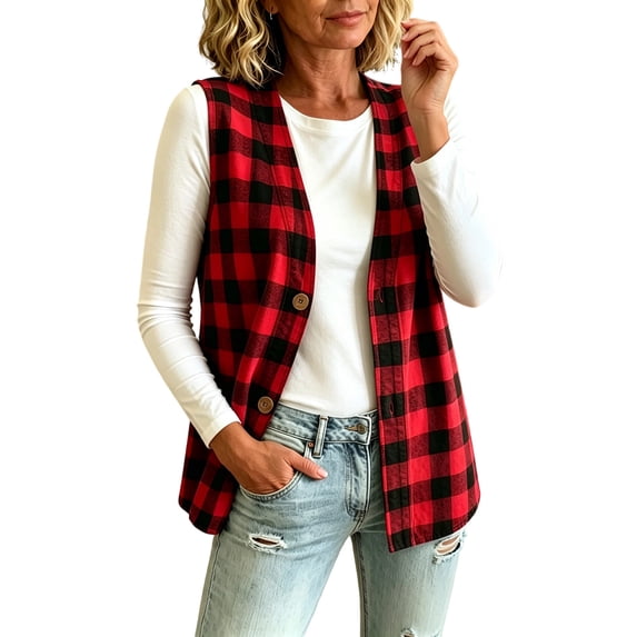 Rrxhxhs Vest for Women Buffalo Plaid V Neck Button Front Loose Casual Sleeveless Jacket,Red,L