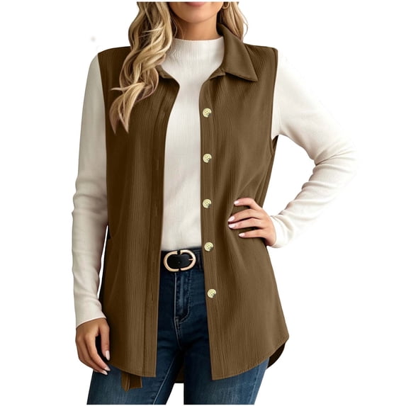 Rrxhxhs Vest for Women Fashion Solid Color Corduroy Lapel Collar Button Front Loose Casual Sleeveless Jacket,Brown,L