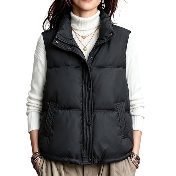 Rrxhxhs Vest for Women Solid Color Stand Collar Zip Up Padded Warm Casual Sleeveless Puffer Jacket with Side Pockets,Black,L