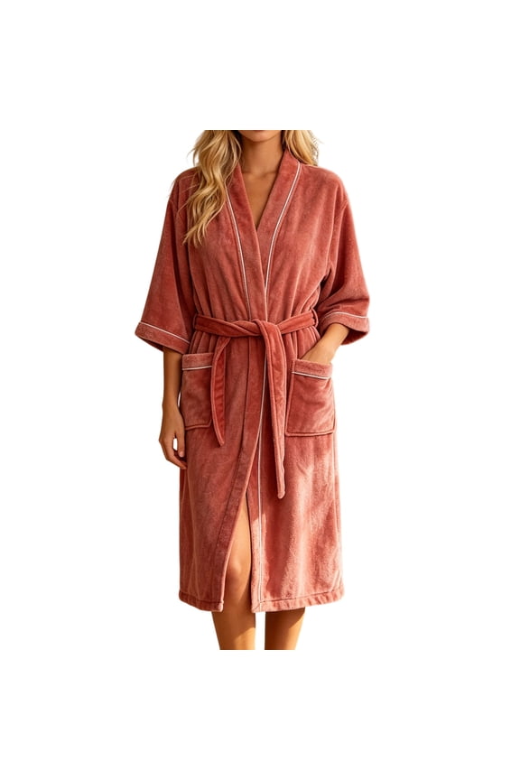 Womens Bathrobe Fall Winter Thick Velvet Solid Color Soft Trimmed Collar Mid Length Cozy Wrap Robe with Pockets & Belt