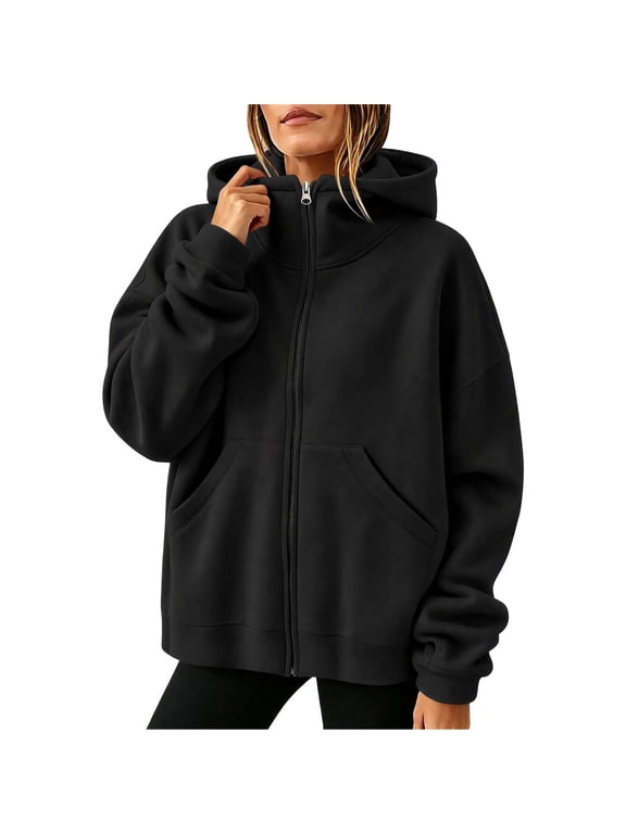 Womens Zip Up Hoodies Winter Solid Color Turtleneck Long Sleeve Loose Casual Hooded Sweatshirt Jacket with Pockets