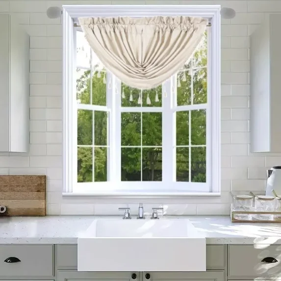 Rs8 1-Piece Ivory Waterfall Blackout Rod Pocket Window Valance With Decorative Trim 48"Wx 38"L