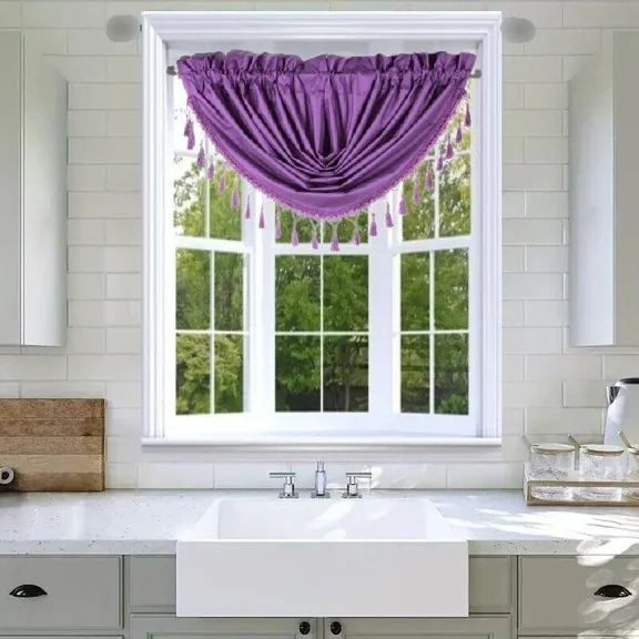 Rs8 1-Piece Purple Waterfall Blackout Rod Pocket Window Valance With Decorative Trim 48"Wx 38"L