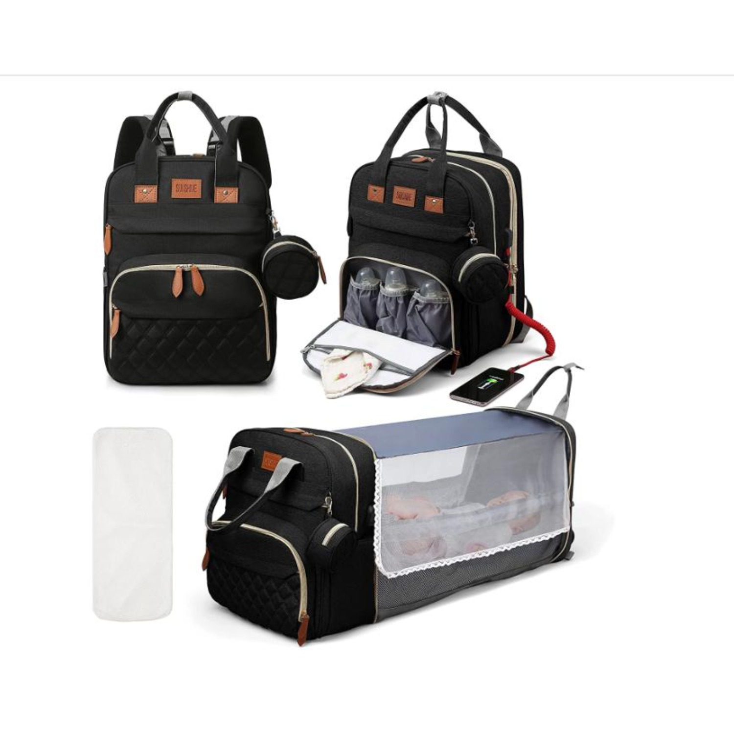 RsenFremior 3 in 1 Diaper Bag Backpack, Foldable Baby Bed Waterproof Travel Bag with USB Charge& Insulated Pockets, Large Unisex Diaper Bag Backpack for Baby
