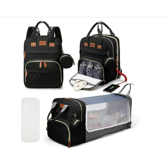 RsenFremior 3 in 1 Diaper Bag Backpack, Foldable Baby Bed Waterproof Travel Bag with USB Charge& Insulated Pockets, Large Unisex Diaper Bag Backpack for Baby
