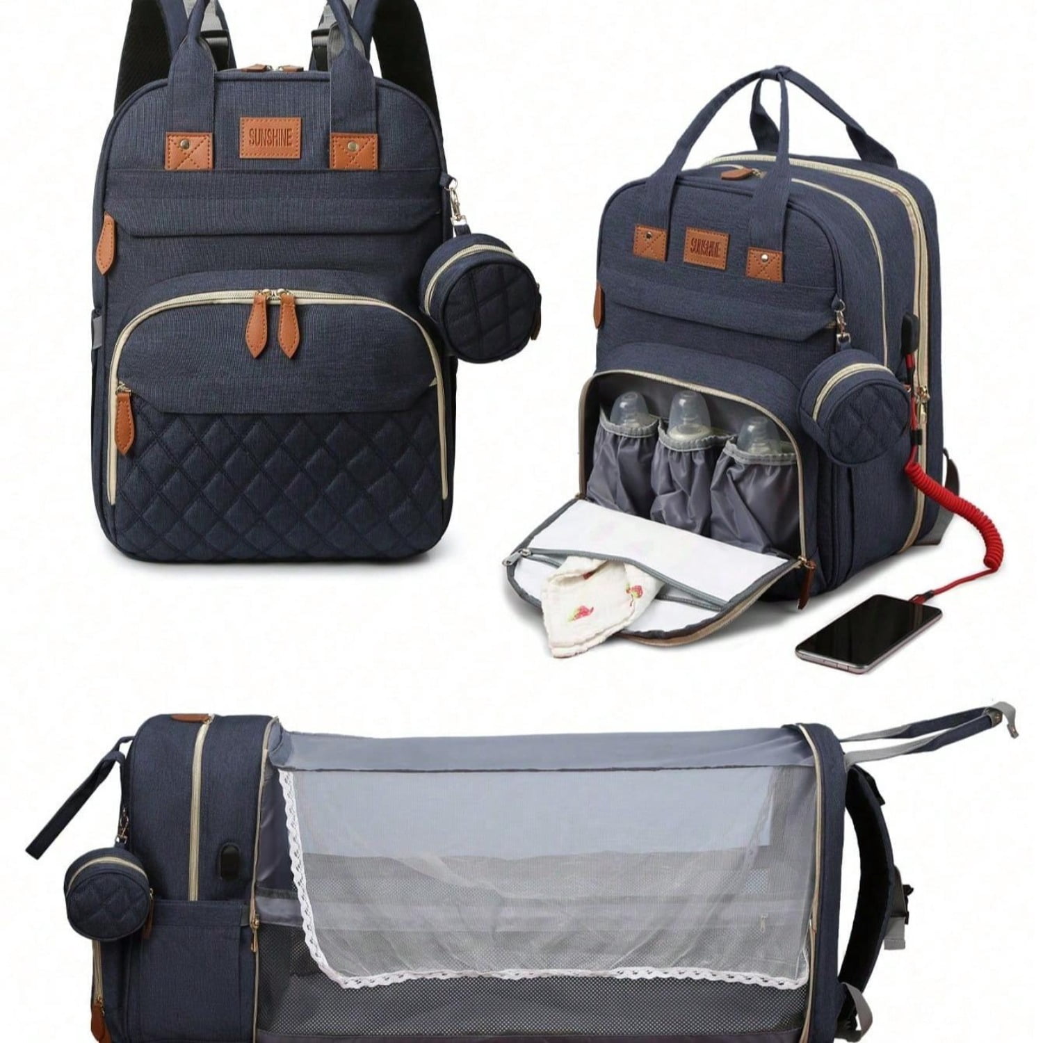 RsenFremior 3 in 1 Diaper Bag Backpack, Foldable Baby Bed Waterproof Travel Bag with USB Charge& Insulated Pockets, Large Unisex Diaper Bag Backpack for Baby