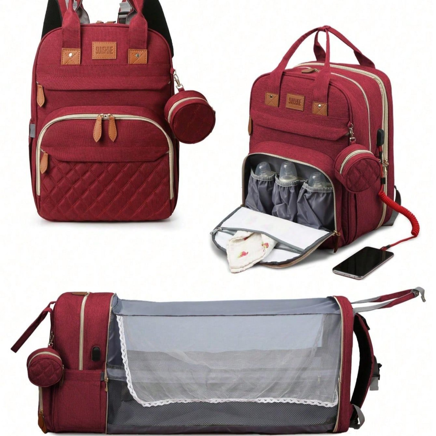 RsenFremior 3 in 1 Diaper Bag Backpack, Foldable Baby Bed Waterproof Travel Bag with USB Charge& Insulated Pockets, Large Unisex Diaper Bag Backpack for Baby
