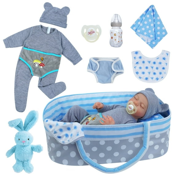 RSG 17-inch Reborn baby dolls Soft Cloth Body with 8-Piece Bundle and Baby Bassinet