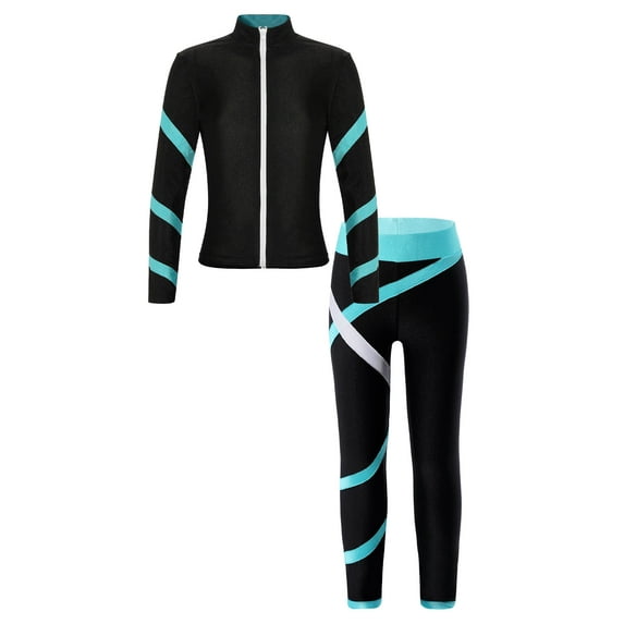 Rswnyirn Girls 2 Pcs Figure Skating Training Suit Jacket with Legging Set Blue Green 16