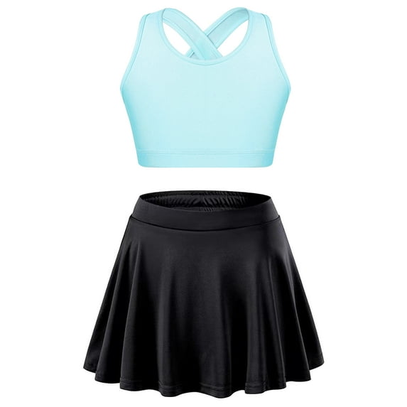 Rswnyirn Girls 2 Piece Tennis Golf Outfit Athletic Sports Tank Top with Pleated Skort Skirts Set Light Blue&Black 10